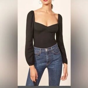 Reformation Reign Top Black Smocked Long Sleeve Sweetheart Neck Womens 12